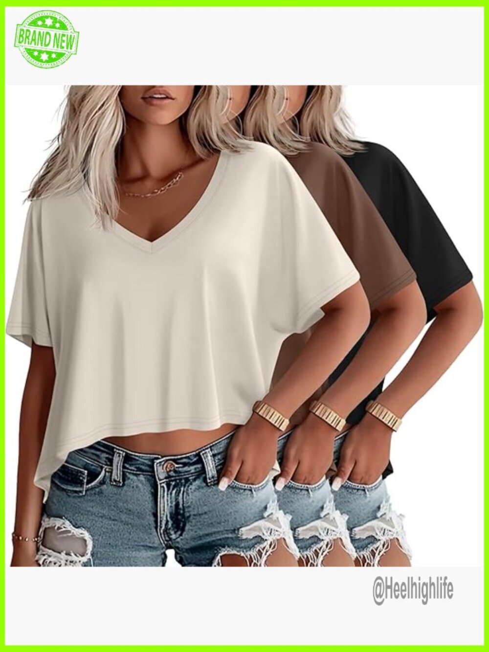 Oversized V-Neck Crop Tees, 3 Pack, Short Sleeve, Baggy Fit, Polyester Spandex
